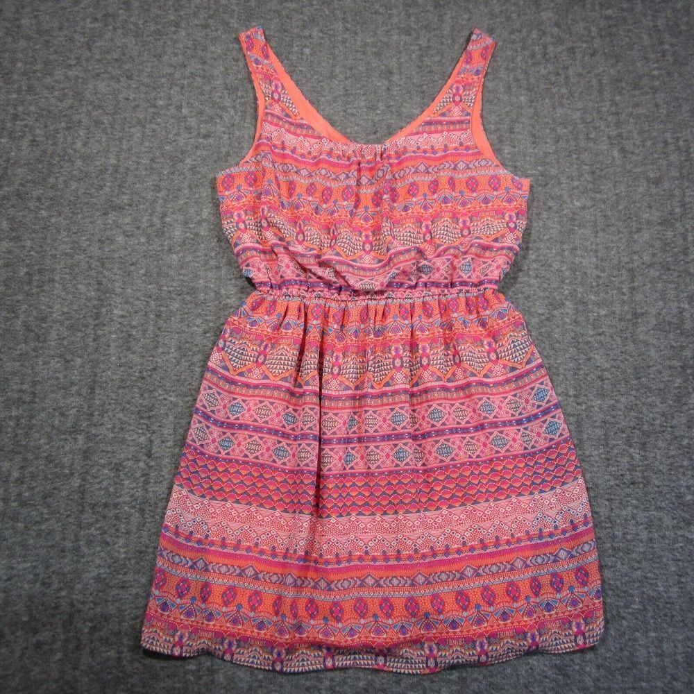 Love Reign Mini Dress XL Coral Geometric Stripe‎ Sleeveless V Neck Smocked Waist